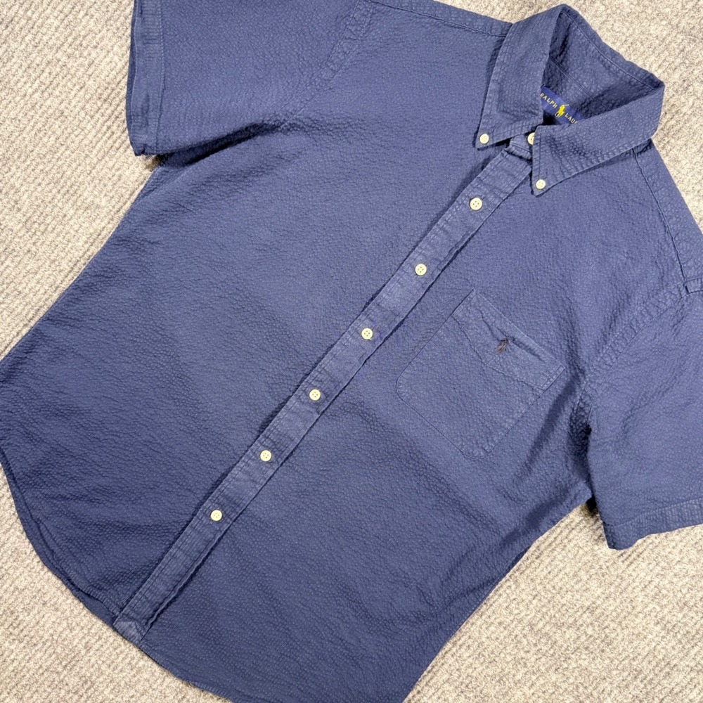 Ralph Lauren Mens Seersucker Short Sleeve Button Down Shirt Navy Blue Medium